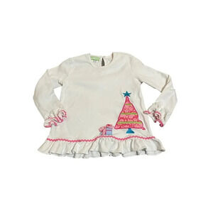 Little Treads SZ 4‎ Toddler Girl White Long Sleeve Pink Christmas Top Embroidery